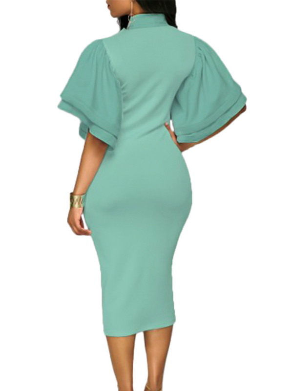 Trendy V Neck Half Sleeves Bow-tie Decoration Green Cotton Sheath Knee Length Dress