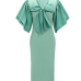 Trendy V Neck Half Sleeves Bow-tie Decoration Green Cotton Sheath Knee Length Dress