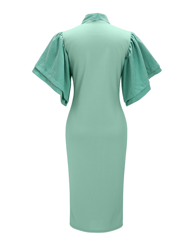 Trendy V Neck Half Sleeves Bow-tie Decoration Green Cotton Sheath Knee Length Dress