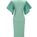 Trendy V Neck Half Sleeves Bow-tie Decoration Green Cotton Sheath Knee Length Dress