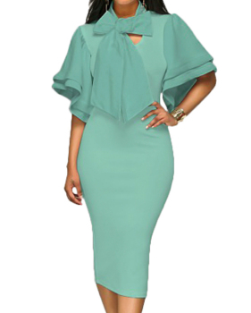 Trendy V Neck Half Sleeves Bow-tie Decoration Green Cotton Sheath Knee Length Dress