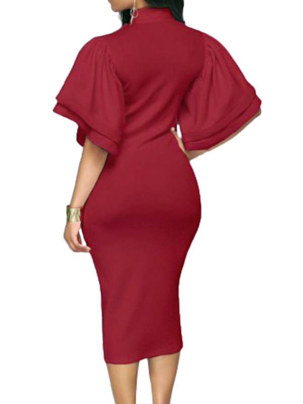 Trendy V Neck Half Sleeves Bow-tie Decoration Red Cotton Sheath Knee Length Dress