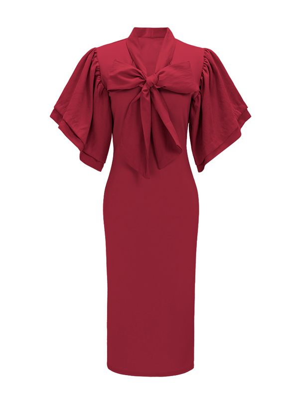 Trendy V Neck Half Sleeves Bow-tie Decoration Red Cotton Sheath Knee Length Dress