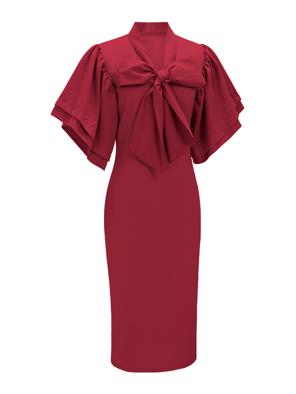 Trendy V Neck Half Sleeves Bow-tie Decoration Red Cotton Sheath Knee Length Dress