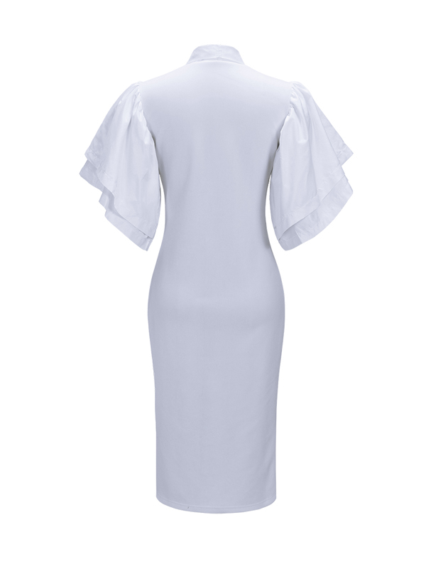 Trendy V Neck Half Sleeves Bow-tie Decoration White Cotton Sheath Knee Length Dress