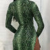 Trendy V Neck Long Sleeves Snakeskin Printing Green Milk Fiber Sheath Mini Dress