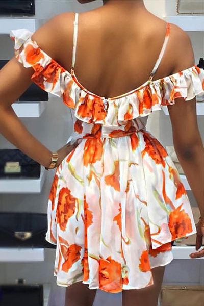 Trendy V Neck Spaghetti Strap Short Sleeves Printed Backless Mini Dress