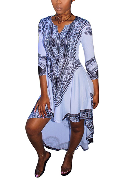 Trendy V Neck Three Quarter Sleeves Printed Asymmetrical White Milk Fiber Ankle Length Dress