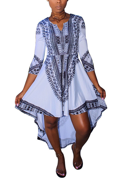 Trendy V Neck Three Quarter Sleeves Printed Asymmetrical White Milk Fiber Ankle Length Dress