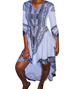 Trendy V Neck Three Quarter Sleeves Printed Asymmetrical White Milk Fiber Ankle Length Dress