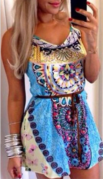 Vintage O Neck Spaghetti Strap Sleeveless Patchwork Print Blue Polyester Mini Dress