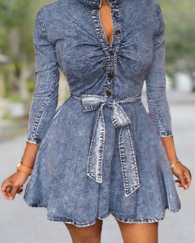 Women Sexy Long Sleeve Bodycon Club Denim Jean Mini Dress