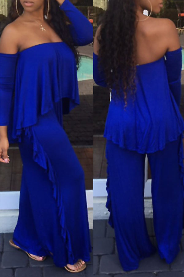  Casual Strapless Fold Design Blue Polyester One-piece Jumpsuits