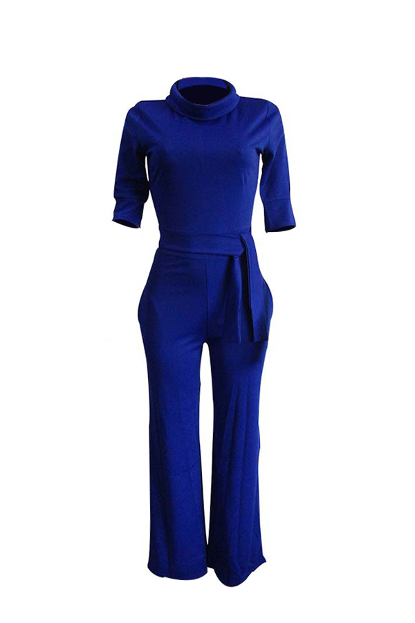  Chic Turtleneck Half Sleeves Blue Polyester One-piece Jumpsuits(With Belt)