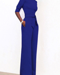  Chic Turtleneck Half Sleeves Blue Polyester One-piece Jumpsuits(With Belt)