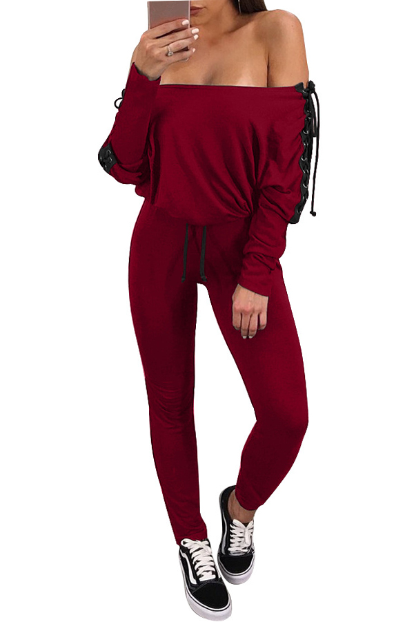  Euramerican Bateau Neck Lace-up Wine Red Polyester One-piece Jumpsuits