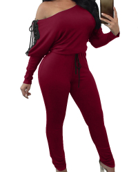  Euramerican Bateau Neck Lace-up Wine Red Polyester One-piece Jumpsuits