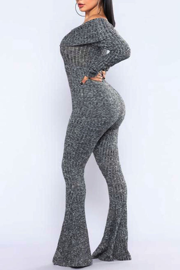  Euramerican Bateau Neck Trumpet Design Grey Cotton Blends One-piece Jumpsuits