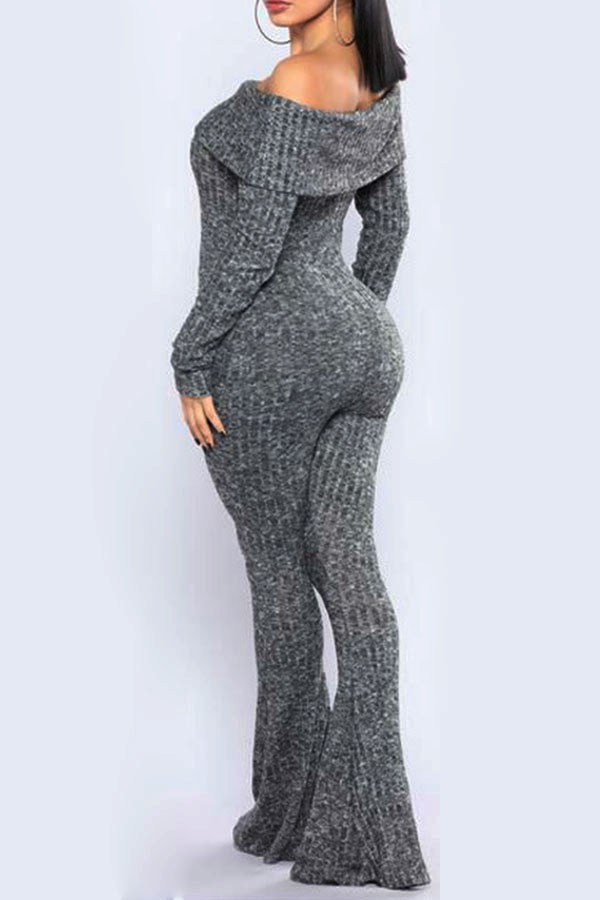  Euramerican Bateau Neck Trumpet Design Grey Cotton Blends One-piece Jumpsuits