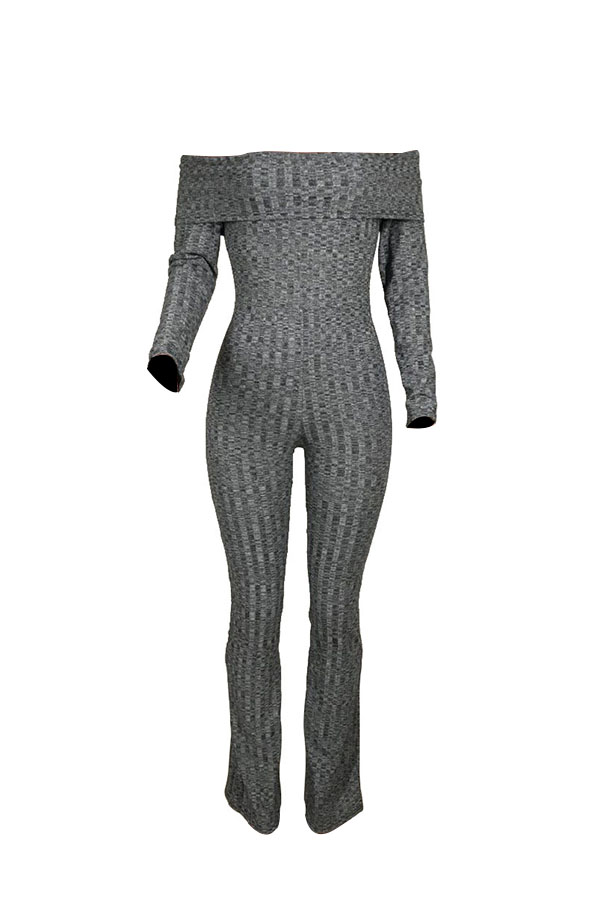  Euramerican Bateau Neck Trumpet Design Grey Cotton Blends One-piece Jumpsuits