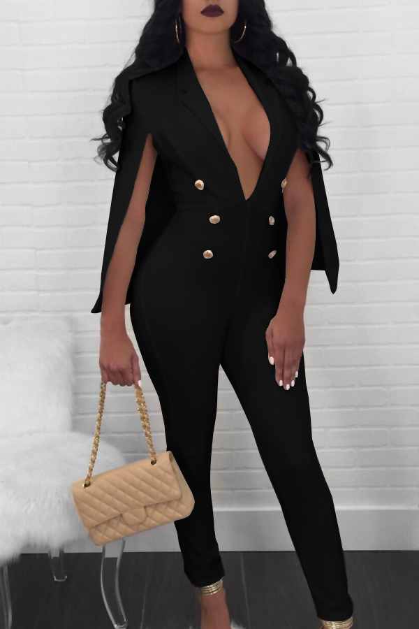  Euramerican Deep V Neck Cloak Design Black Polyester One-piece Jumpsuits