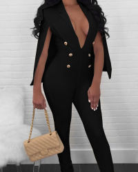  Euramerican Deep V Neck Cloak Design Black Polyester One-piece Jumpsuits