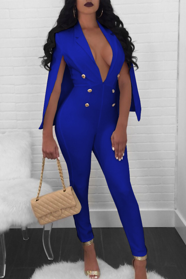  Euramerican Deep V Neck Cloak Design Blue Polyester One-piece Jumpsuits