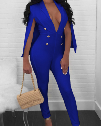  Euramerican Deep V Neck Cloak Design Blue Polyester One-piece Jumpsuits