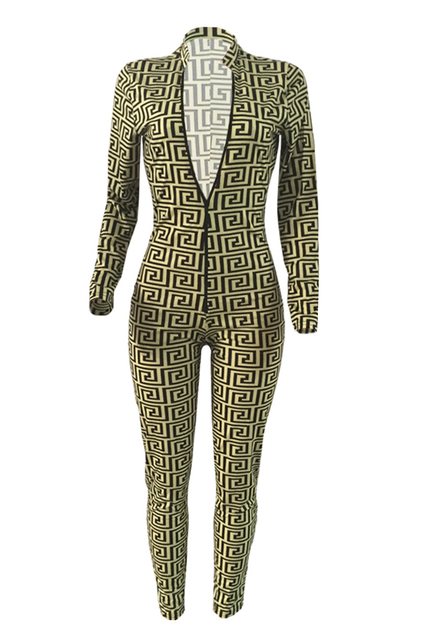  Euramerican Deep V Neck Geometric Printed Green Polyester One-piece Jumpsuits