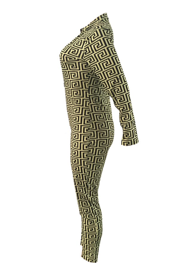  Euramerican Deep V Neck Geometric Printed Green Polyester One-piece Jumpsuits