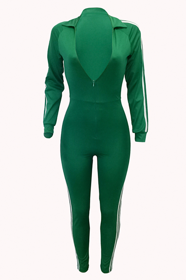  Euramerican Deep V Neck Zipper Design Green Polyester One-piece Jumpsuits