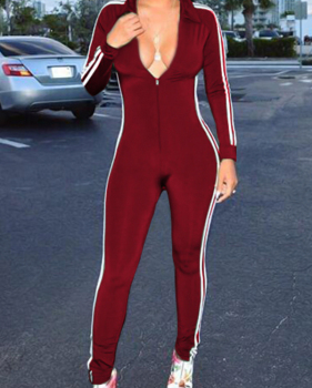  Euramerican Deep V Neck Zipper Design Wine Red Polyester One-piece Jumpsuits