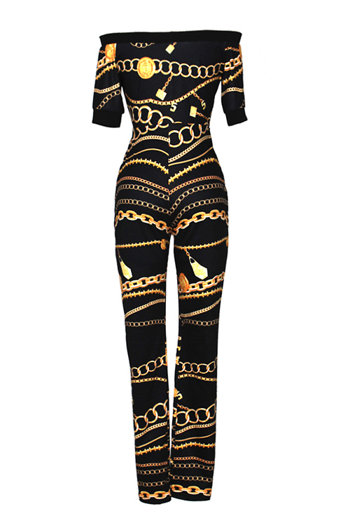  Euramerican Dew Shoulder Chain Printed Black Polyester One-piece Jumpsuits(Without Belt)