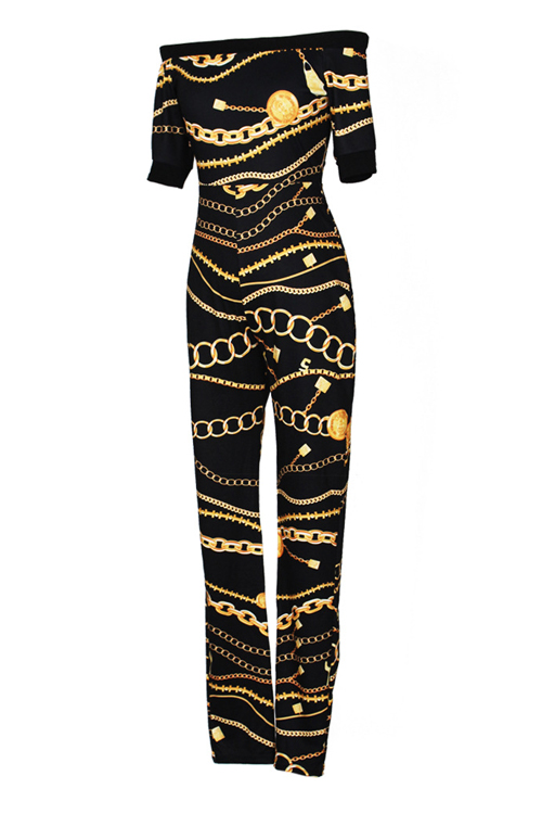  Euramerican Dew Shoulder Chain Printed Black Polyester One-piece Jumpsuits(Without Belt)