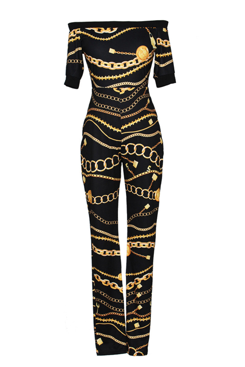  Euramerican Dew Shoulder Chain Printed Black Polyester One-piece Jumpsuits(Without Belt)