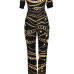  Euramerican Dew Shoulder Chain Printed Black Polyester One-piece Jumpsuits(Without Belt)