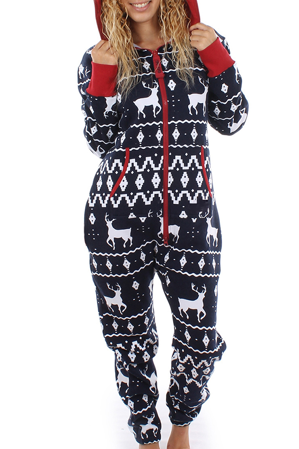  Euramerican Hooded Collar Christmas Printed Designs Polyester One-piece Jumpsuits