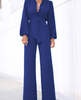  Euramerican Mandarin Collar Blue Spandex One-piece Jumpsuits