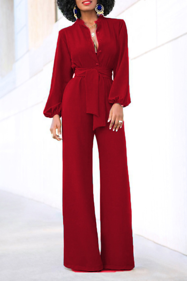  Euramerican Mandarin Collar Red Spandex One-piece Jumpsuits