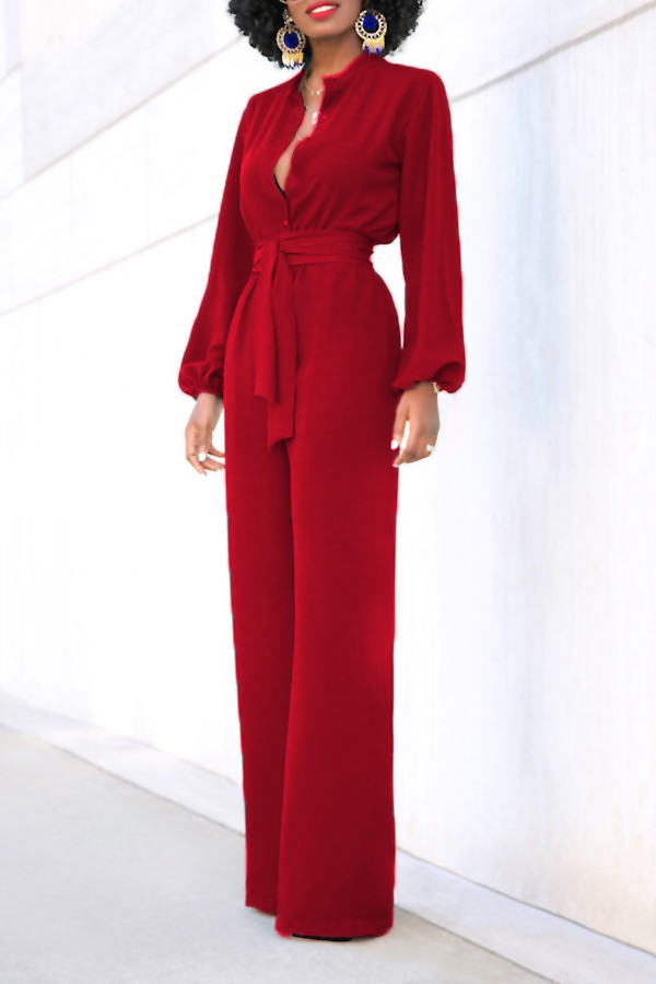  Euramerican Mandarin Collar Red Spandex One-piece Jumpsuits