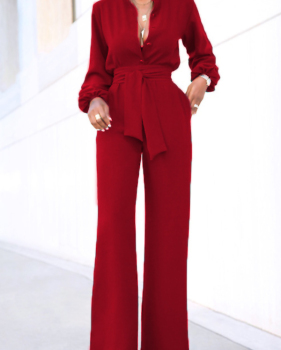  Euramerican Mandarin Collar Red Spandex One-piece Jumpsuits