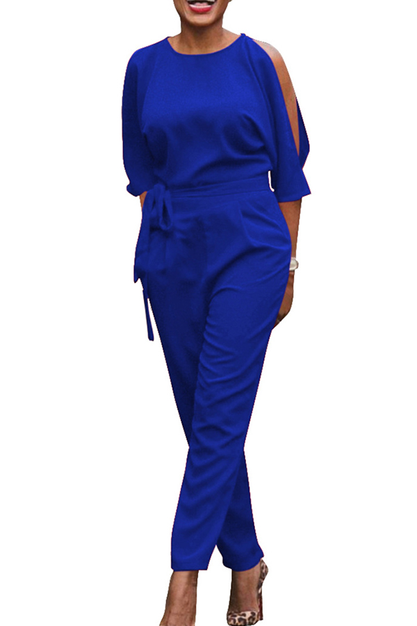  Euramerican Round Neck Dew Shoulder Blue Polyester One-piece Jumpsuits