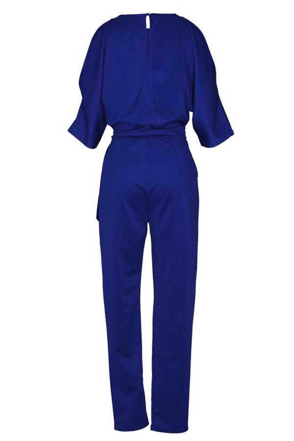  Euramerican Round Neck Dew Shoulder Blue Polyester One-piece Jumpsuits