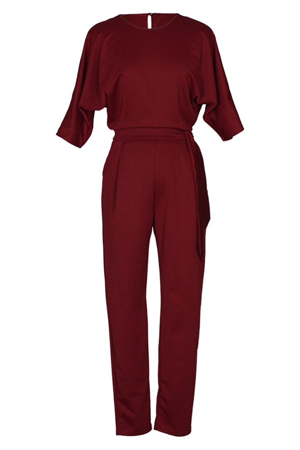  Euramerican Round Neck Dew Shoulder Wine Red Polyester One-piece Jumpsuits