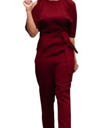  Euramerican Round Neck Dew Shoulder Wine Red Polyester One-piece Jumpsuits