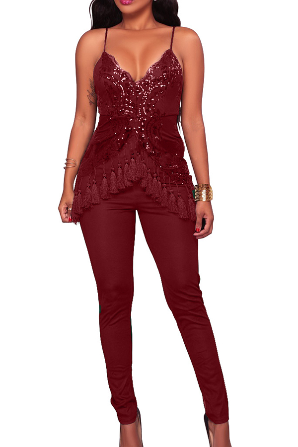  Euramerican Spaghetti Strap Sleeveless Tassel Design Wine Red Spandex One-piece Jumpsuits