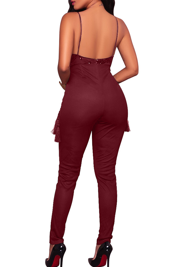  Euramerican Spaghetti Strap Sleeveless Tassel Design Wine Red Spandex One-piece Jumpsuits