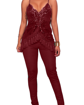  Euramerican Spaghetti Strap Sleeveless Tassel Design Wine Red Spandex One-piece Jumpsuits