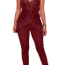  Euramerican Spaghetti Strap Sleeveless Tassel Design Wine Red Spandex One-piece Jumpsuits