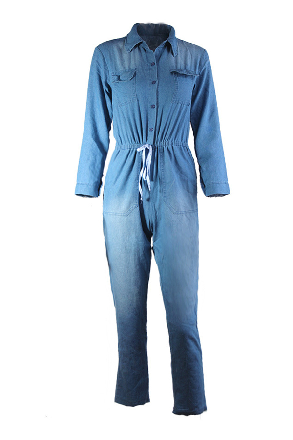  Euramerican Turndown Collar Blue Denim One-piece Jumpsuits